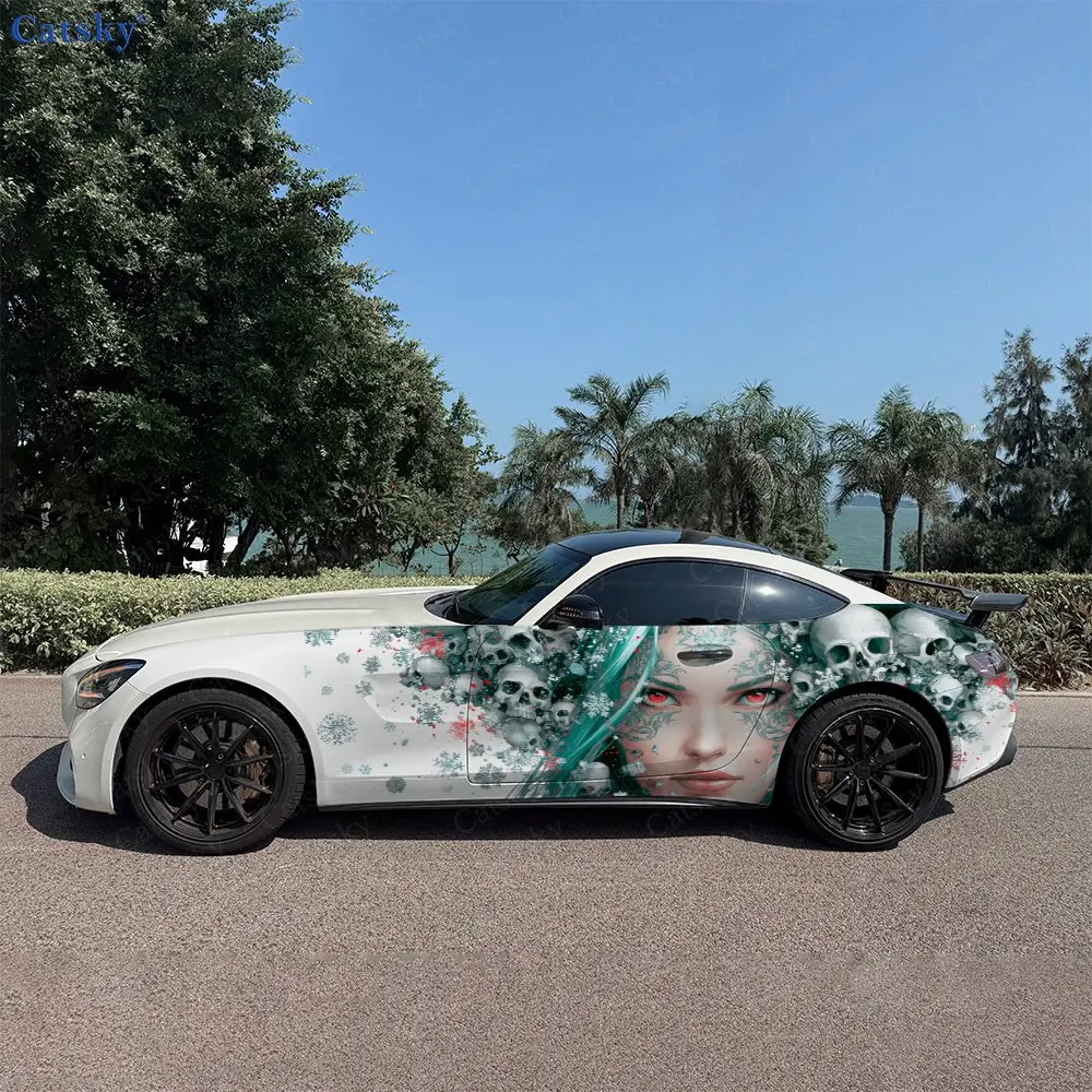 2pcs Witch With Group Skulls Car Side Wraps, Self-Adhesive PVC Waterproof & Scratch-Resistant Stickers, Car Accessory Gift
