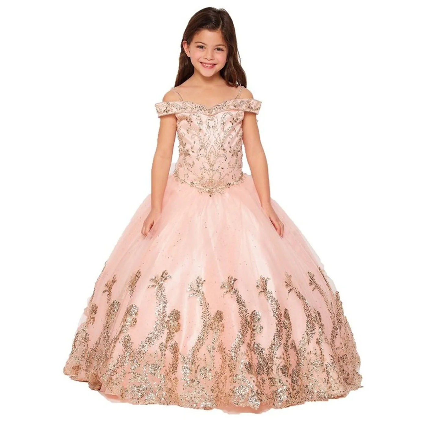 Luxo sem alças lantejoulas fora do ombro cinta de espaguete uma linha casamento vestido da menina flor até o chão elegante vestido de comunhão