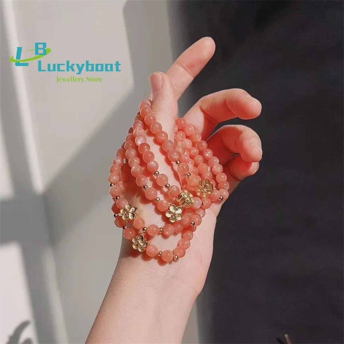Natural Crystal Simple Peach Blossom Orange Moonstone Hand String Women's Golden Sun Stone Little Girls' Bracelet Charm Jewelry