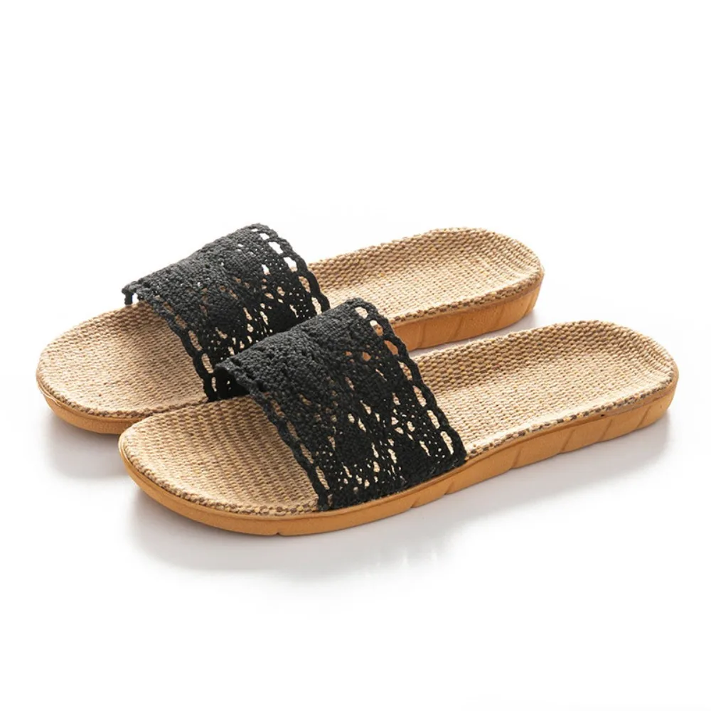 

Льняные кружевные тапочки в полоску в стиле пэчворк, милые нескользящие соломенные тапочки, пляжная обувь для отдыха, женские тапочки