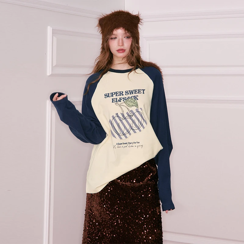 ELFSACK Y2K Color Block Raglan Sleeve Leopard Cherry Letter Graphic Long Sleeve Tshirt For Women