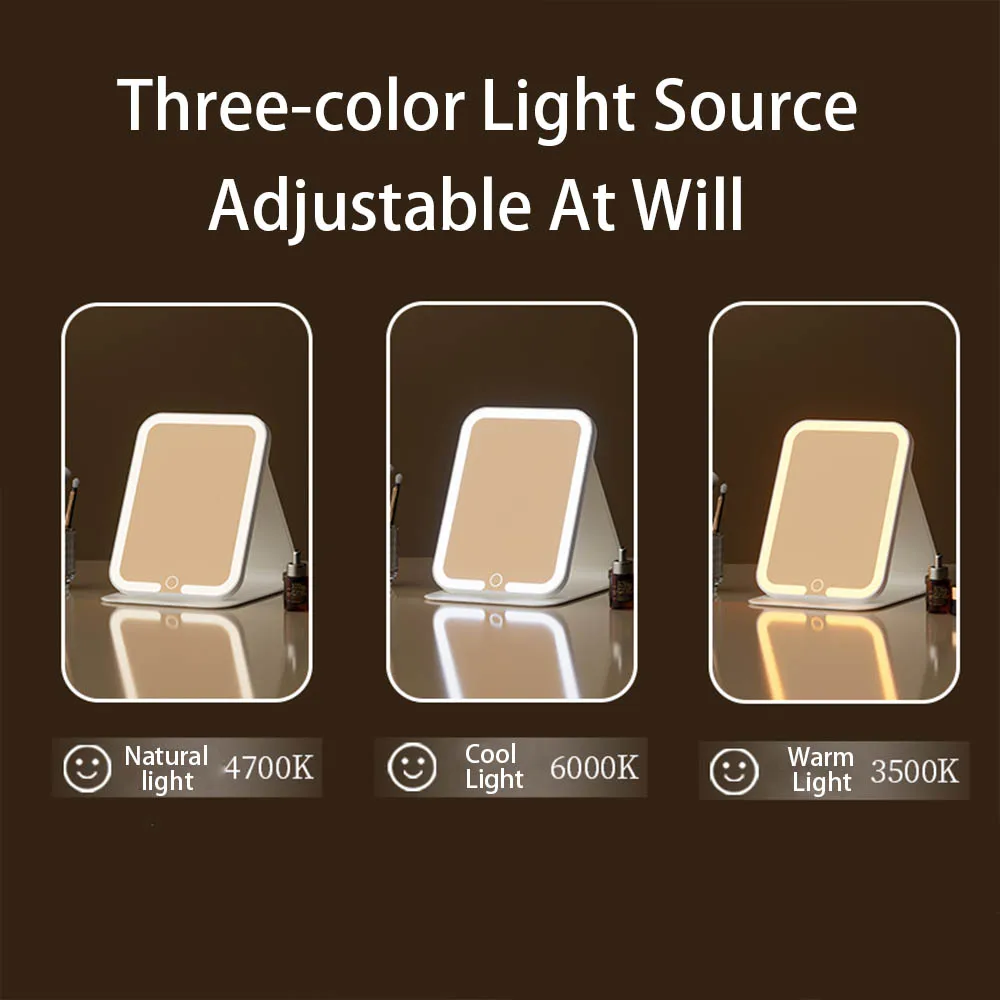 Portable Smart LED Cosmetic Mirror Magnifying Pocket Square Glass with Fill Light Three-color Folding Desktop Dorm Home view 4