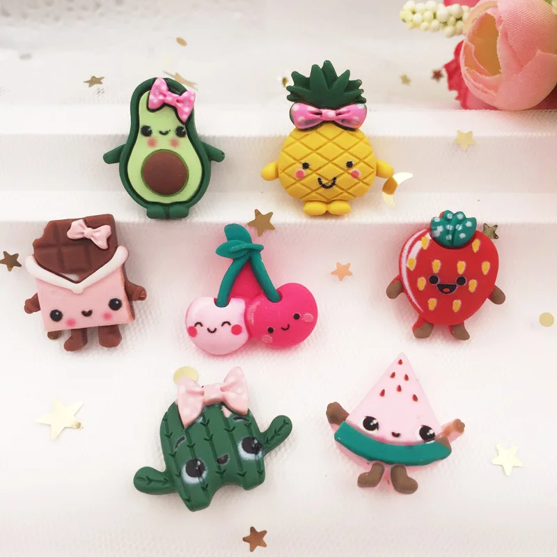 14pcs Painted Resin Kawaii Colorful Watermelon Cactus Avocado Cherry Chocolate Flat Back Scrapbook Cartoon Mini Figurines Crafts