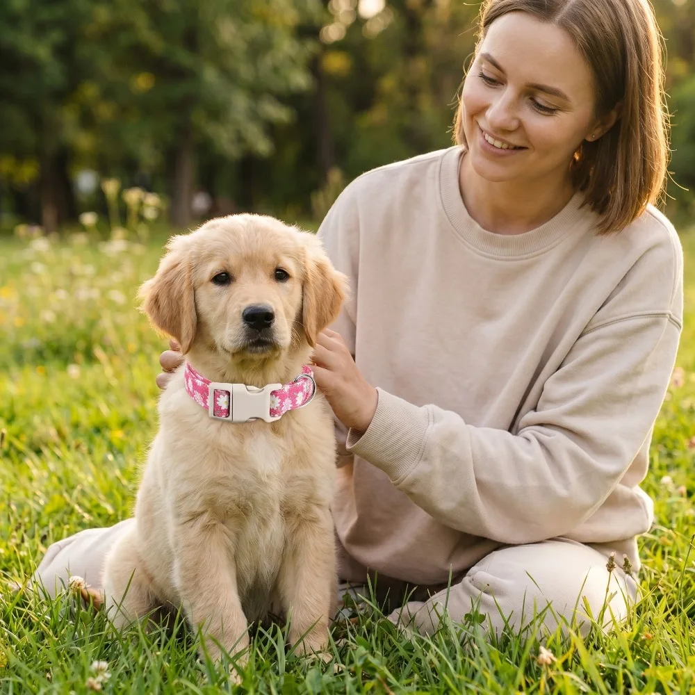 Baumwoll-Hundehalsband, Niedliches Hundehalsband für Kleine, Mittlere und Große Hunde, Pfirsichrot mit Blumenmuster, Weiches, Elegantes Haustier-Halsband für Weibchen – Detail 2