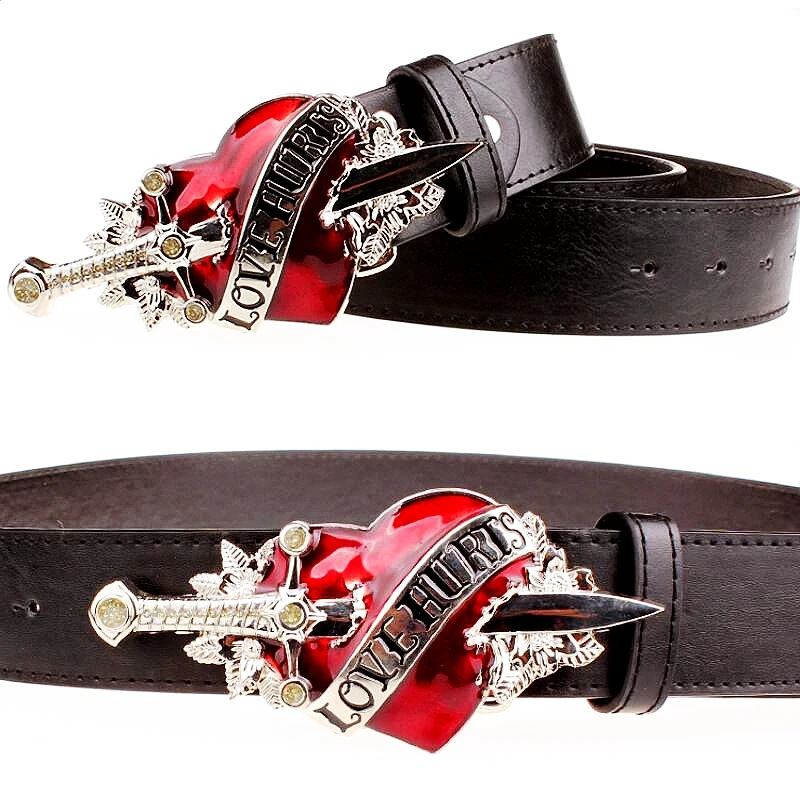 Cool Fashion Leather Belt Red Heart Arrow Love Hurts Design Punk Rock Waistband Women Men Decorative belts Jeans Hip Hop Girdle