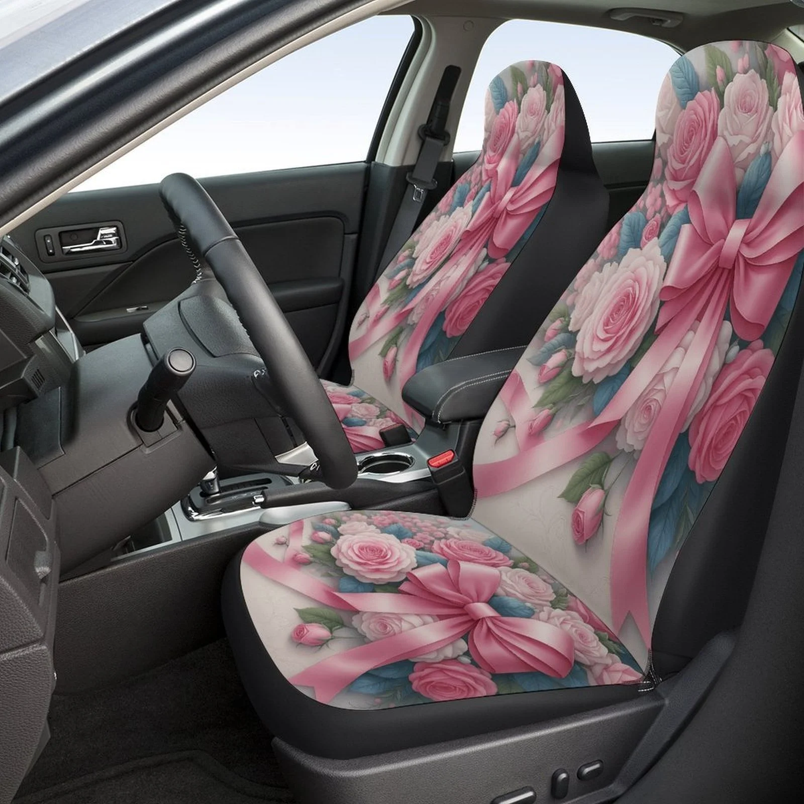 Set Of Car Seat Covers Featuring A Rose Bouquet Design With Ribbons, Suitable For Various Vehicles. These High-Quality, Comforta