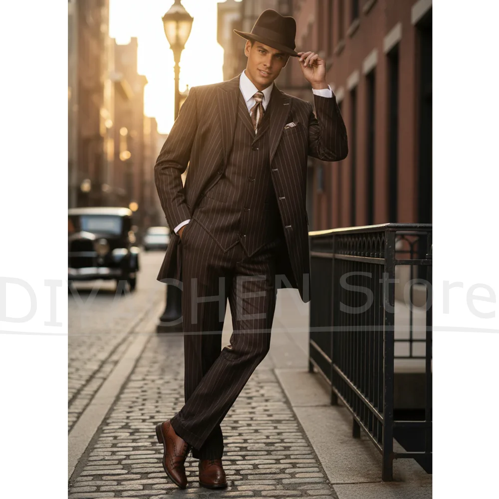 Dark Brown Striped Men's Suit Three Piece Set Stylish Peak Lapel Single Breasted Outfit Smart Casual Suits (Blazer+Vest+Pants)