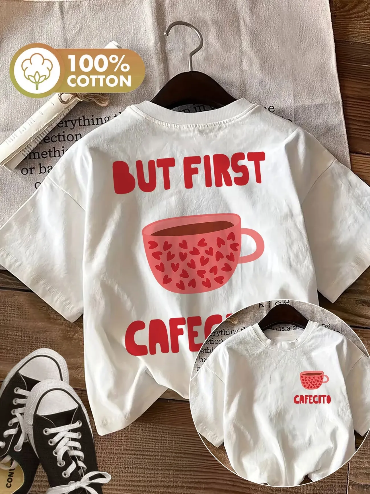 But First Cafecito Coffee Grafik-T-Shirt für Damen, Baumwolle, Harajuku, Kawaii, Herz-Tasse-Aufdruck, Rundhalsausschnitt, kurz, für den Alltag, Basic-Mode-Top – Detail 4