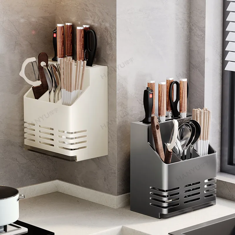 Kitchen knife rack, shelf, no-drill installation, wall-mounted knives, chopsticks holder, chopsticks tube, stainless steel