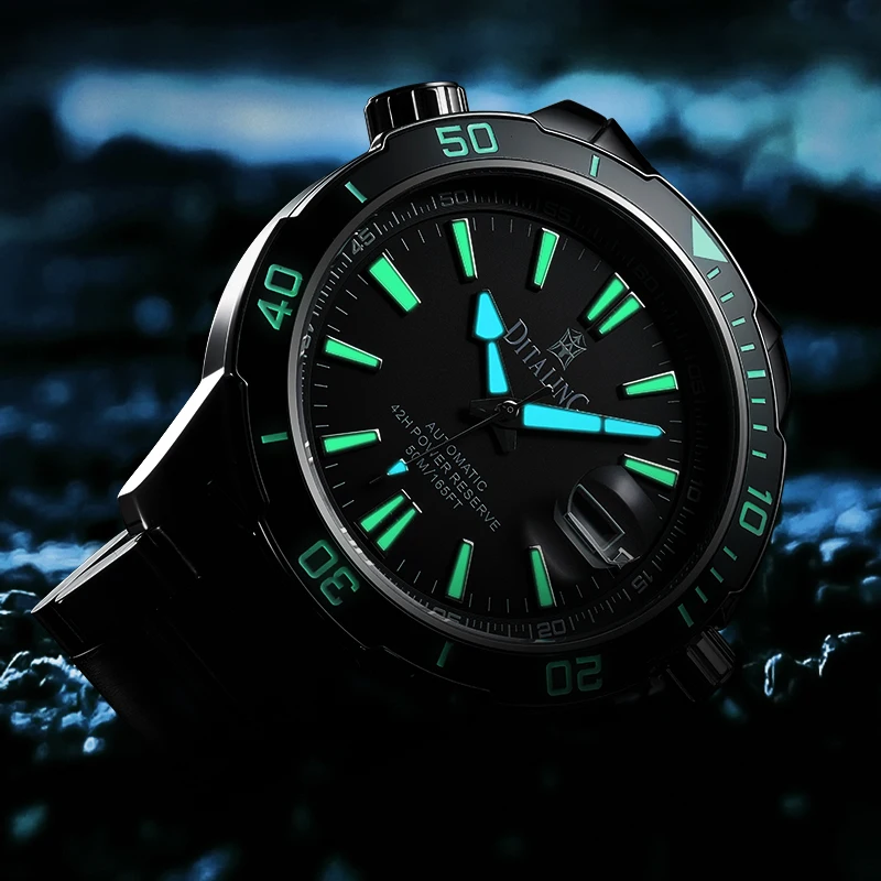DITALING Men Automatic Watch Military 42mm Diver Mechanical Wristwatch Waterproof Luminous Sapphire Date Magnifier Exhaust Valve
