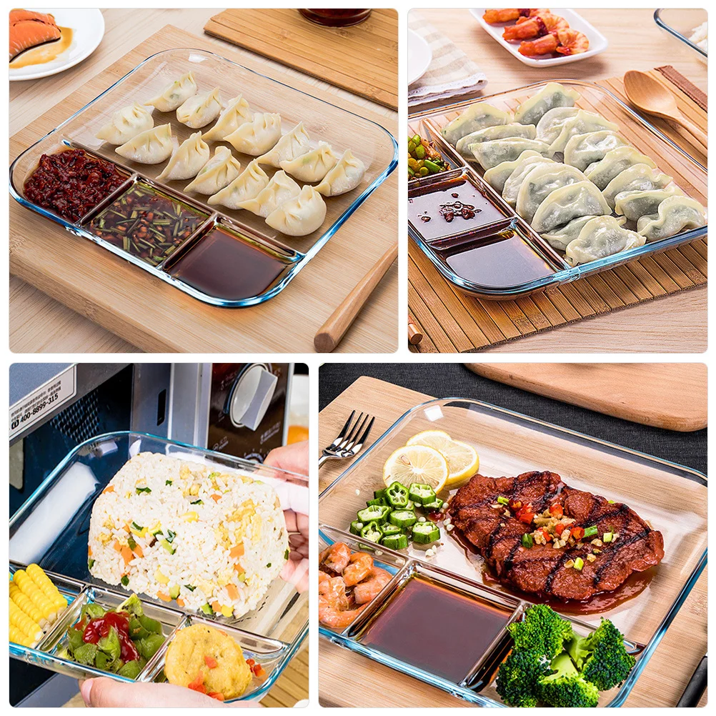 

Glass Plate Food Container Divided Dinner Tray Snack Fruit Dish Separate Plates