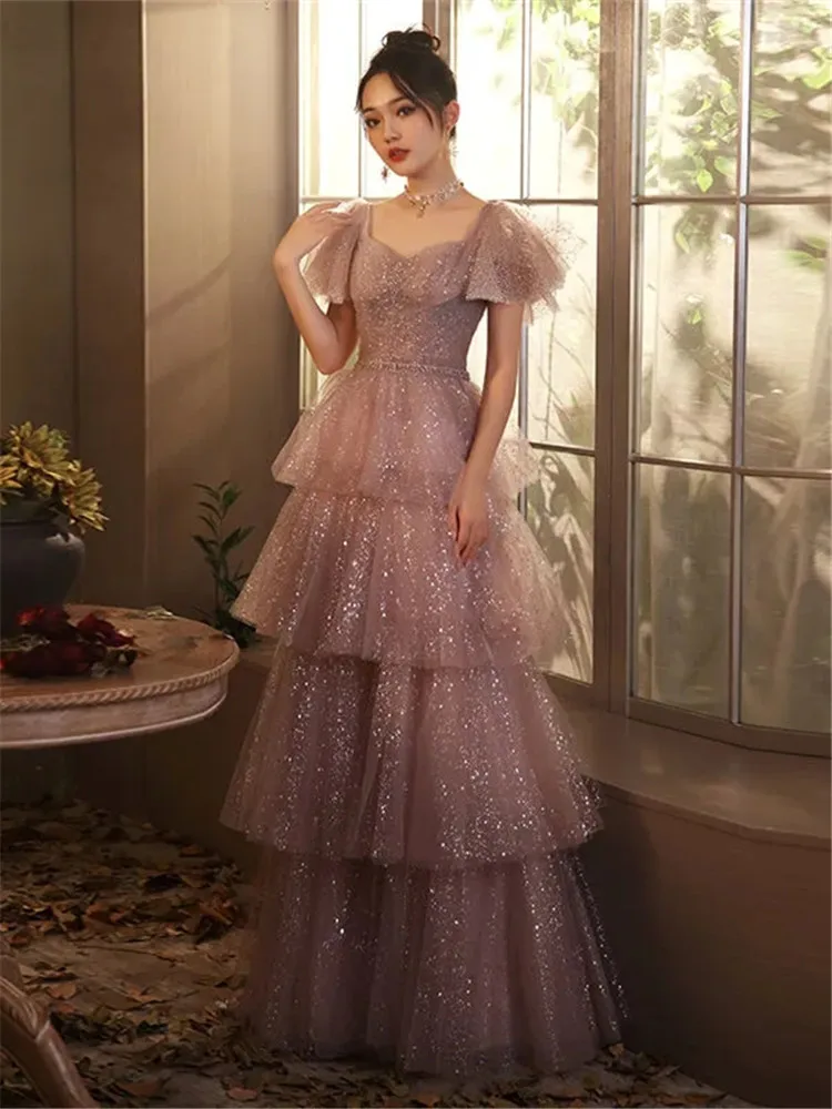

Pink Elegant Dress Women Solid Color Sequin Short Sleeve V-neck Long A-line Skirt Banquet Evening Gown M352