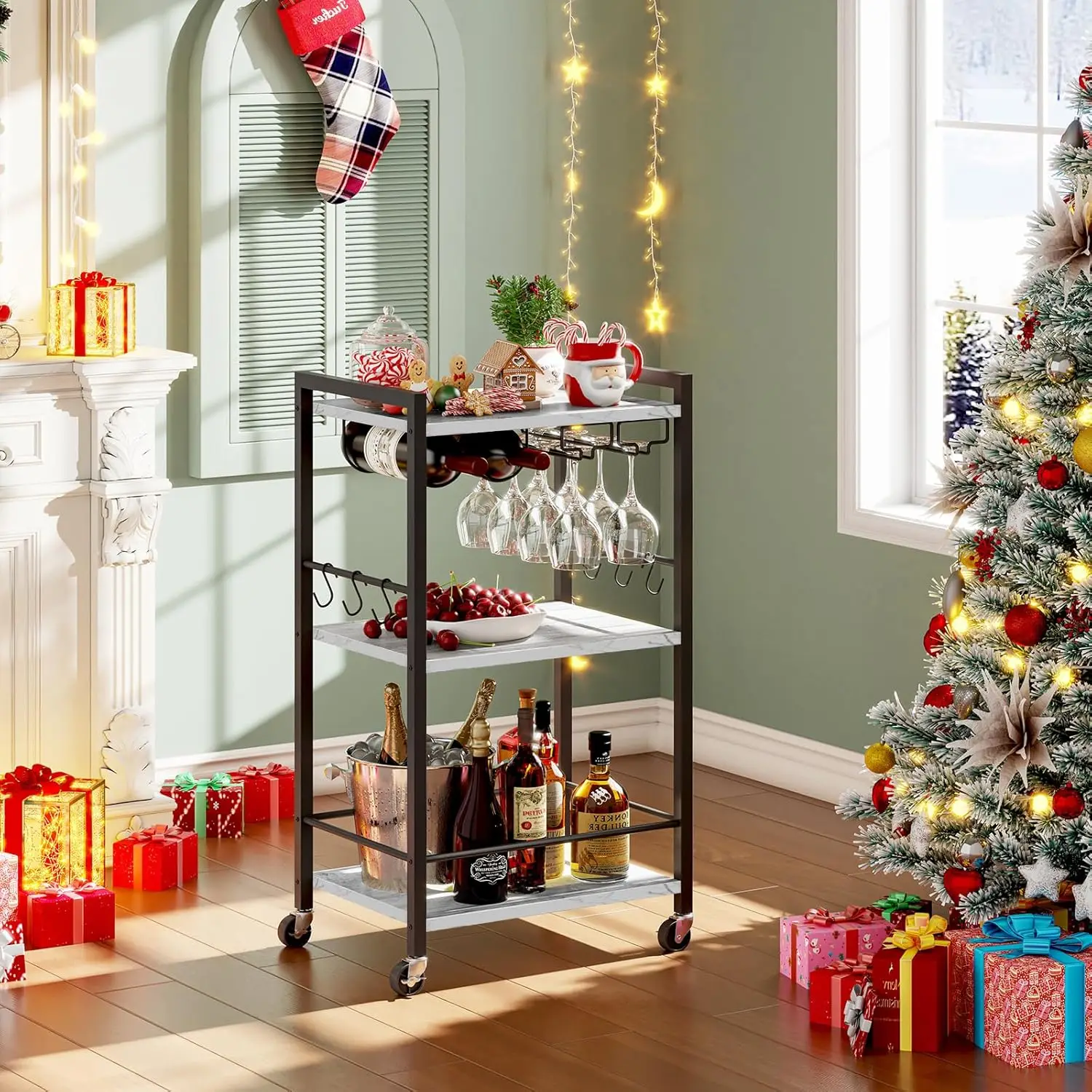 

3-Tier Rolling Bar Cart with Wine Rack and Glass Holder, Marble White Beverage Serving Cart for Home Living Room