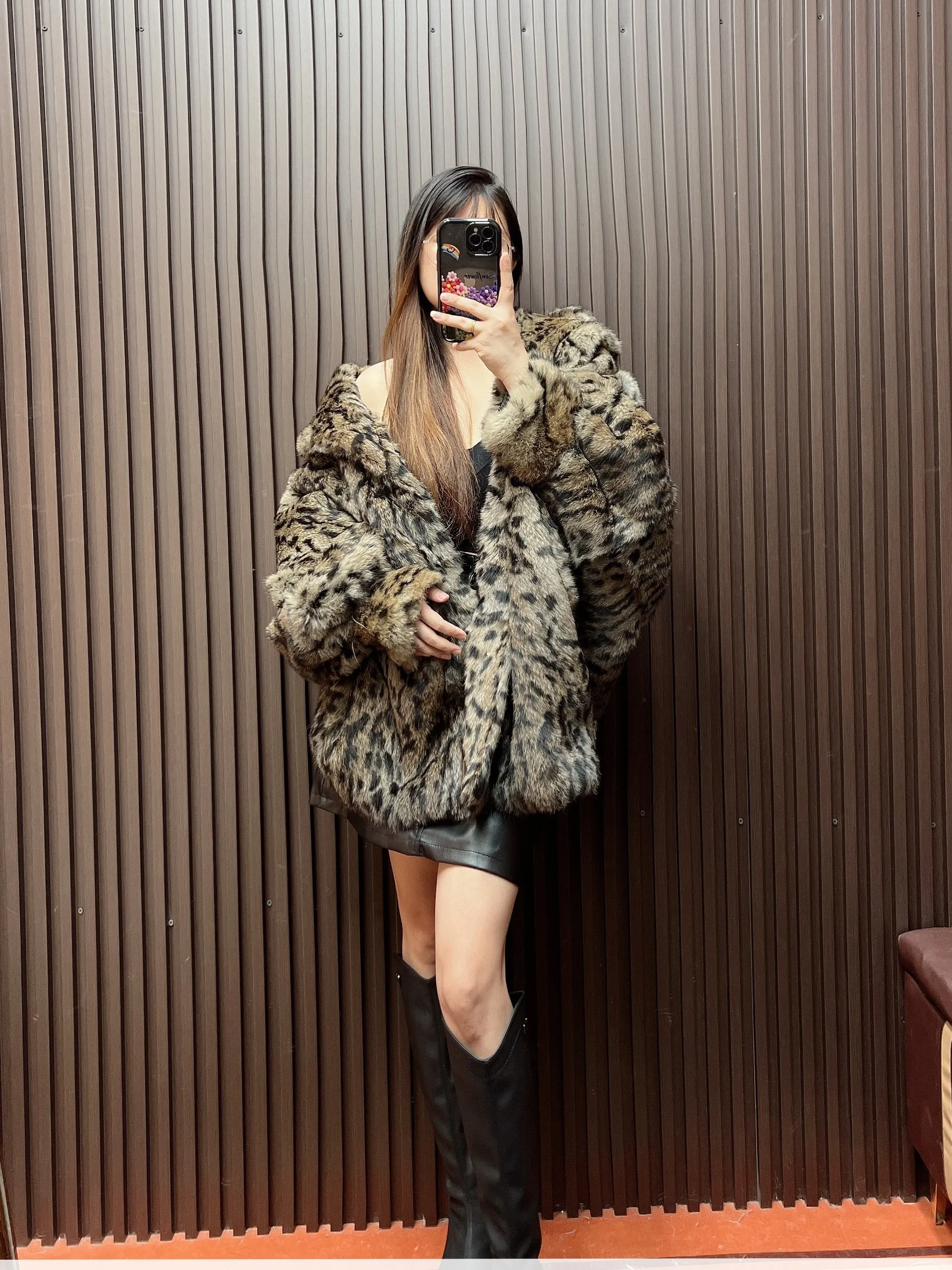 Women Winter Real Rabbit Fur Coat Leopart Print Hooded Jacket Thick Warm Fashion Overcoat Top Batwing Sleeve