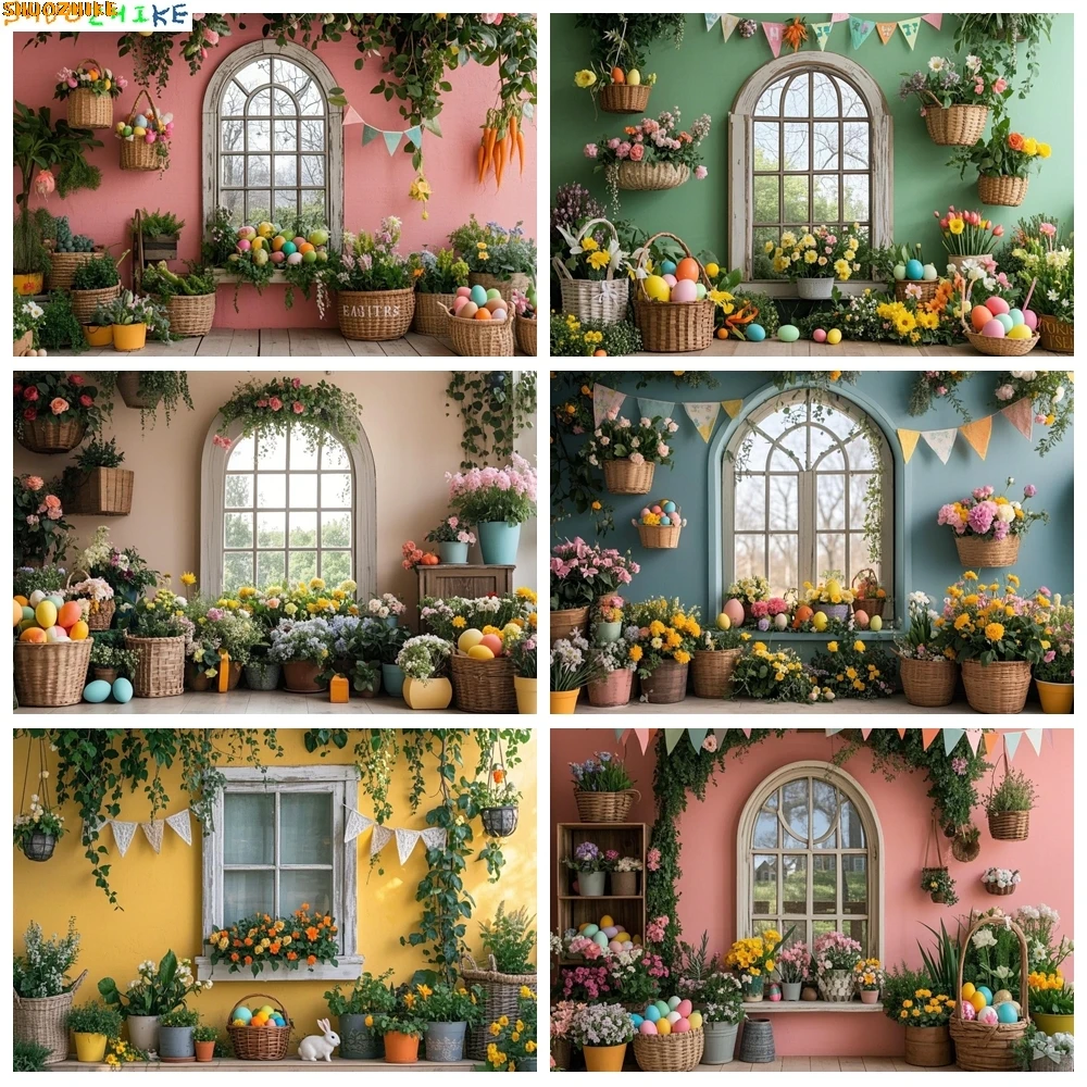 

Eggs Window Spring Garden Happy Easter Day Photography Backdrops Props Fence Rabbits Butterfly Flowers Photo Background VF-01