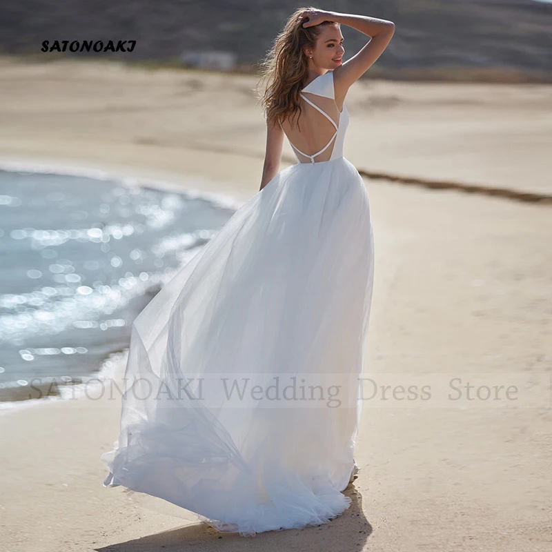 Elegant Simple Boho Beach Satin Wedding Dress for Women O-Neck A-Line Backless Bride Gown Vestidos De Novia Custom Robe Mariée