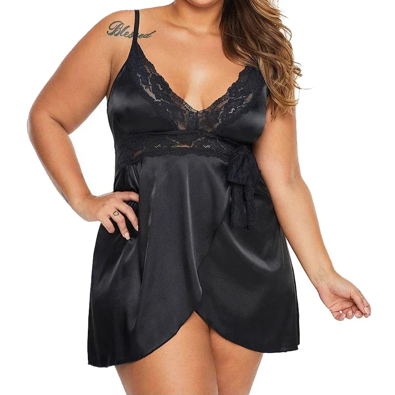 Conjunto Lingеrie Sexy para mujer, ropa interior de satén y encaje, camisón corto con abertura frontal, lencería de talla grande, ropa de dormir Sexy