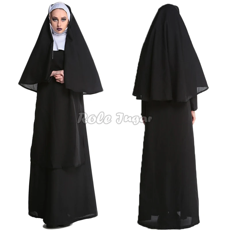 

Halloween Cosplay Medieval Catholic Nun Costume Adult Women Religious Priest Missionaries Dress Headscarf Shawl Outfits Cosplay