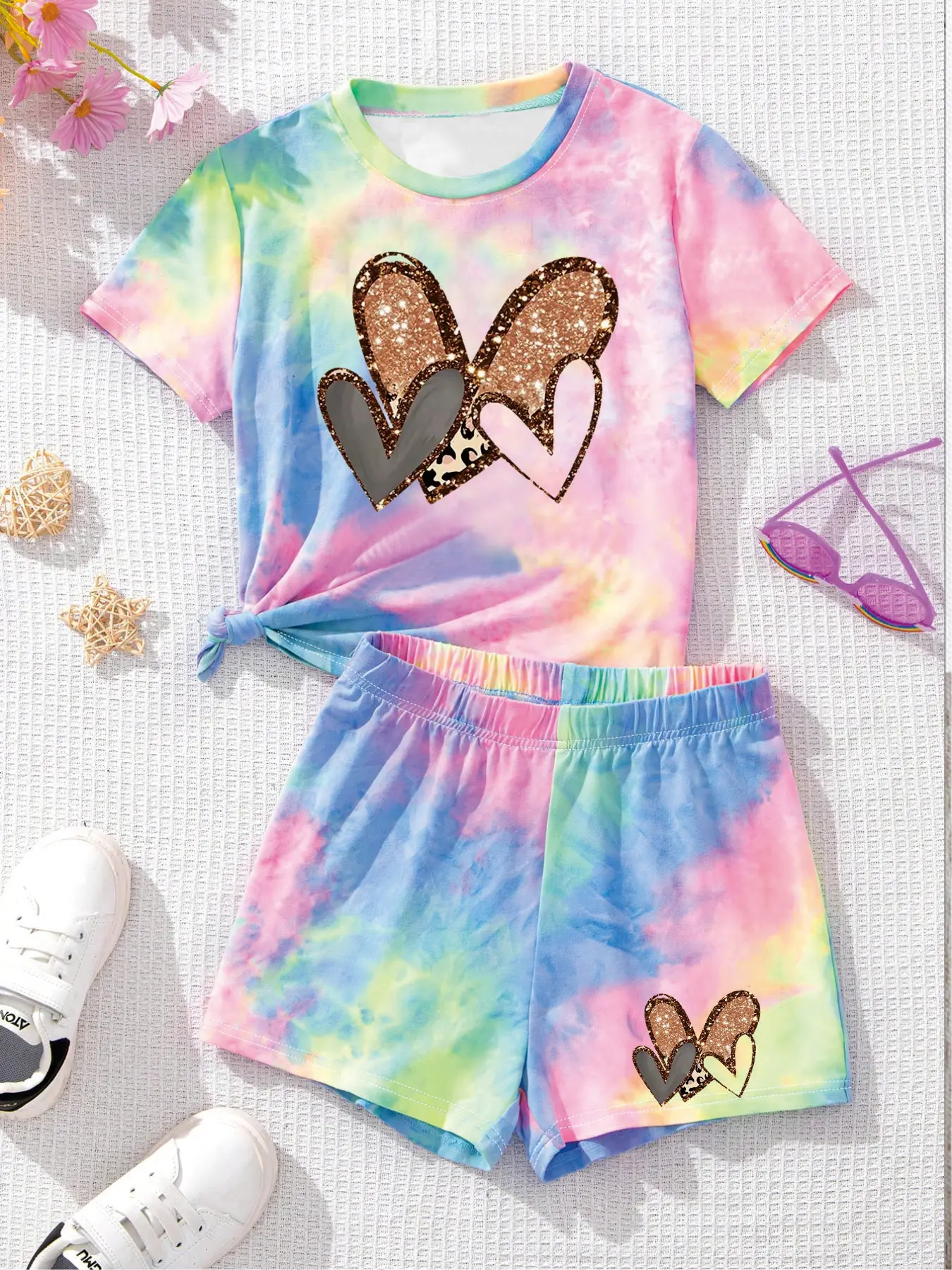 Comfy Kids Girls 2-Piece Tie Dye Outfit, Soft Fabric Glitter Heart Print T-Shirt & Shorts for Daily & Play