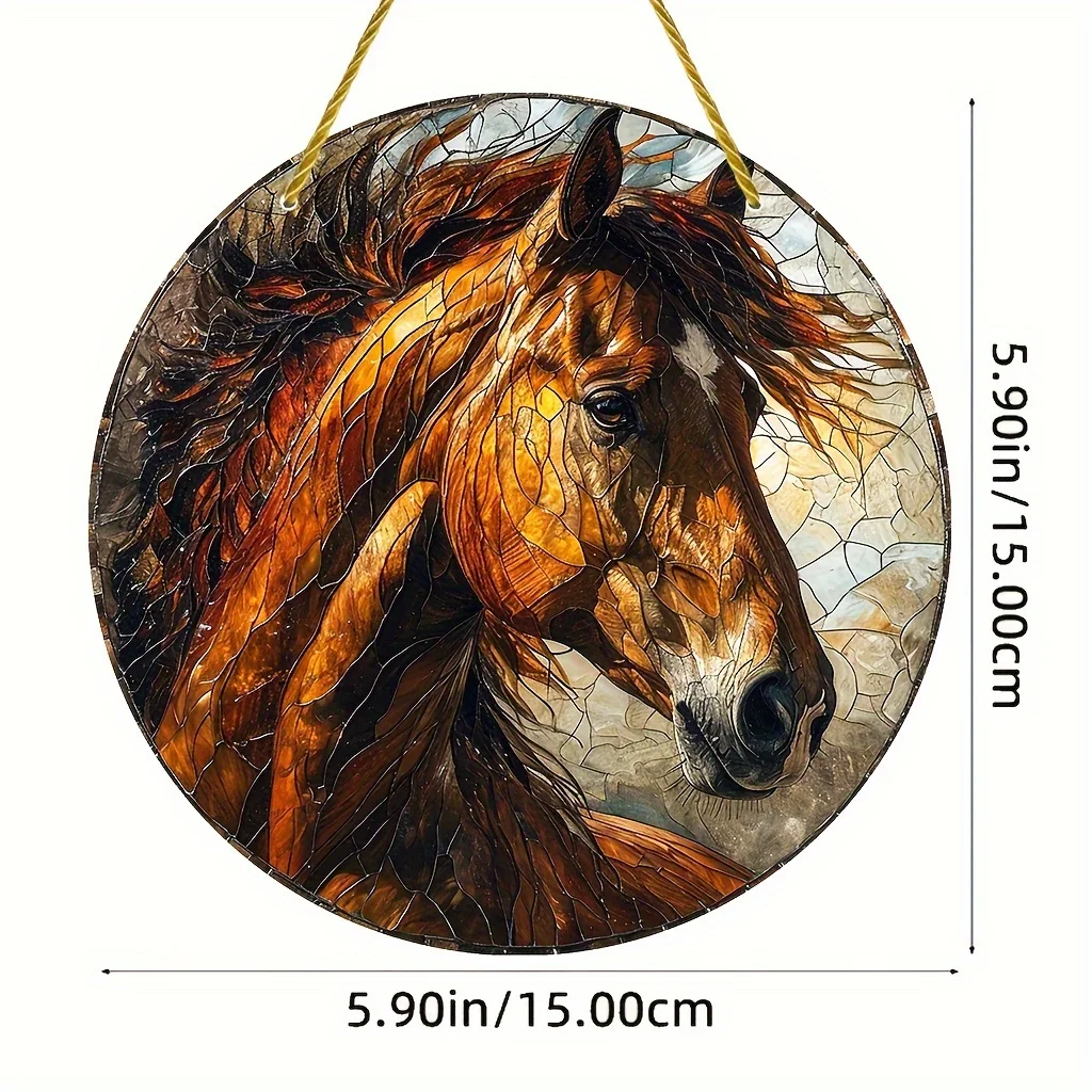 Attrape-soleil cheval marron ferme 3D, pare-soleil, vitrail, face Art, amis, vintage, acrylique, créatif, rond, signe de couronne, 1 pièce