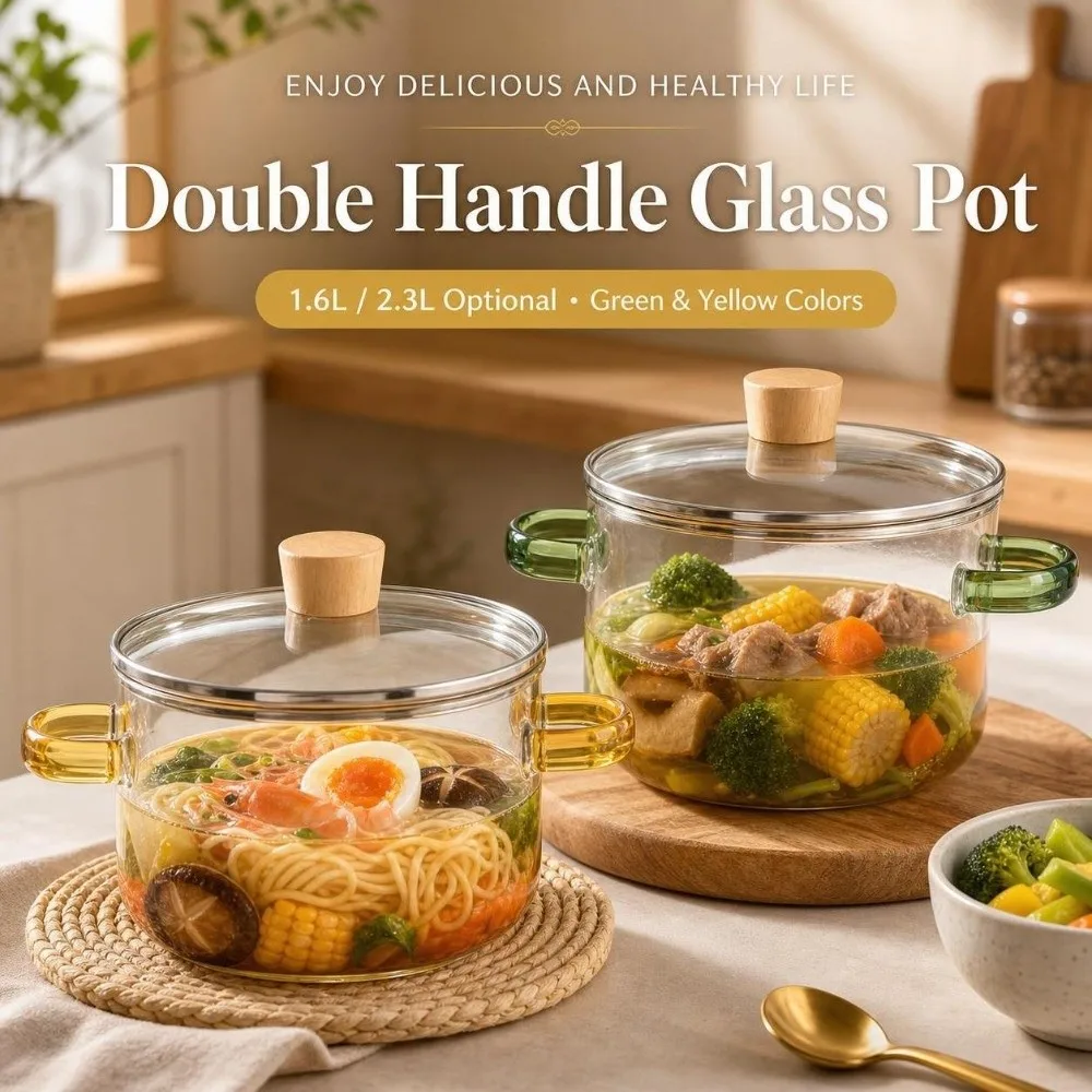 Thickened 1.6/2.3L Household Glass Saucepan Heat Resistant Double Ear Glass Soup Pot with Lid Noodle Bowl Kitchen Tools
