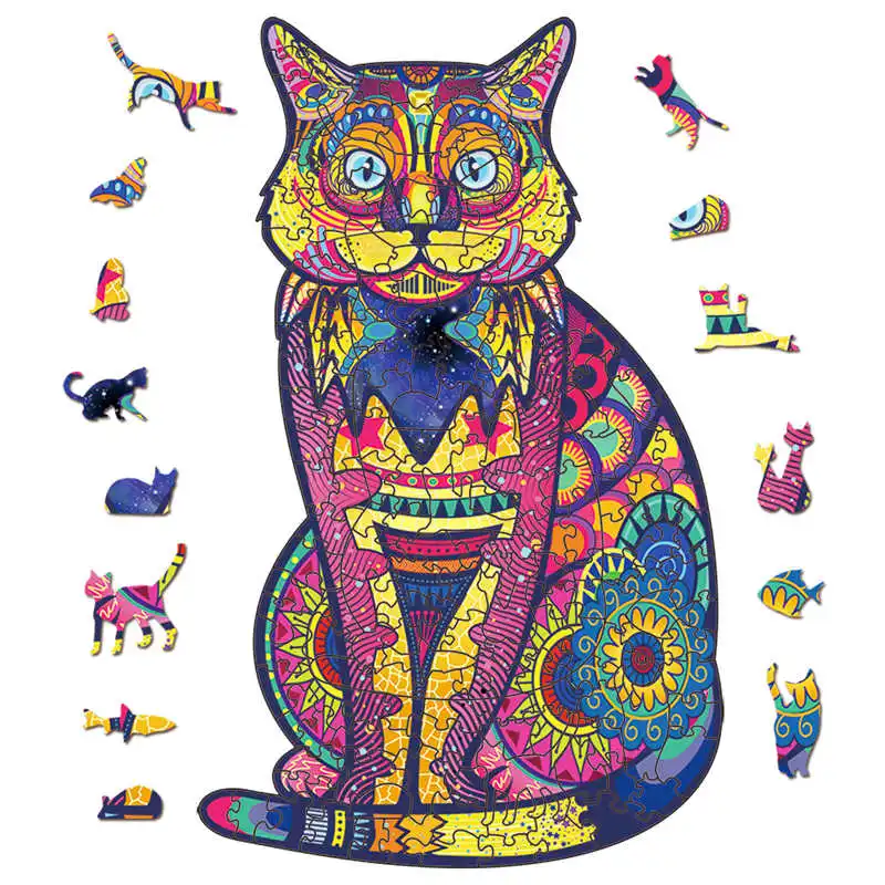 

Rainbow Cat Wood Jigsaw Puzzle Animal Funny Wooden Puzzles Adults High End Montessori Educational Toys Children Board Game Gift