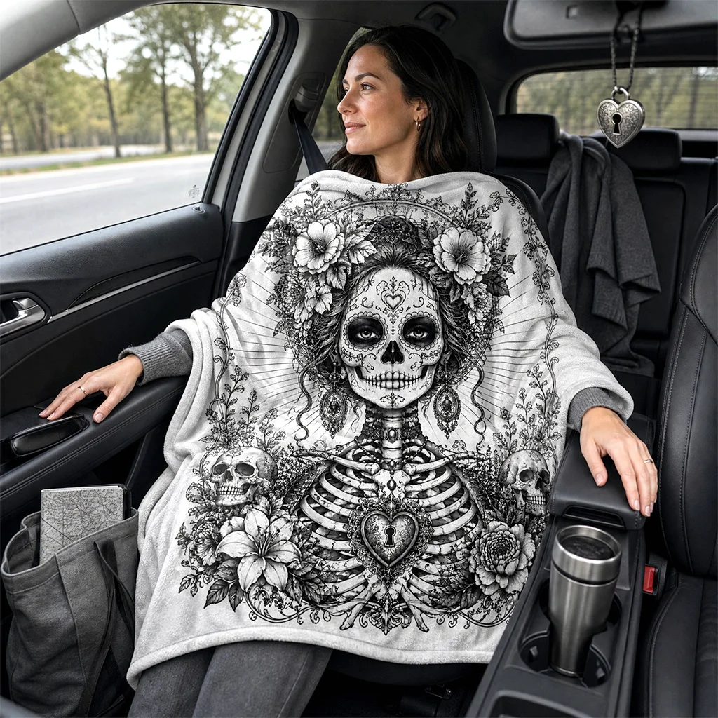 1pc Black‑White Gothic Floral Skull Line Art Printed Throw Blanket, 2D Flat HD Print, Soft Warm Blanket for Sofa, Living Room