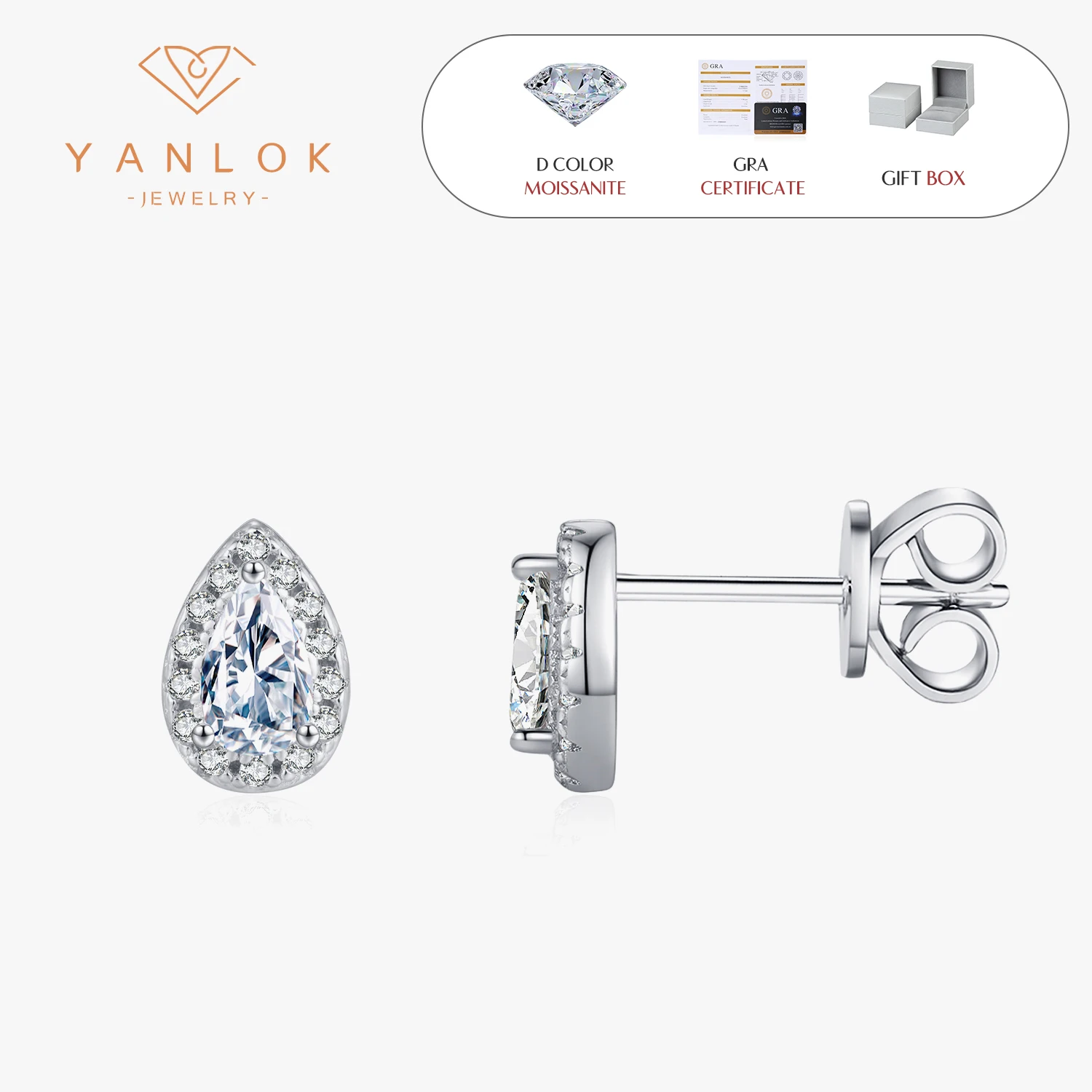 

YANLOK 925 Sterling Silver High Quality D Color VVS1 Moissanite Water Drop Shape Stud Earrings For Women Wedding Fine Jewelry