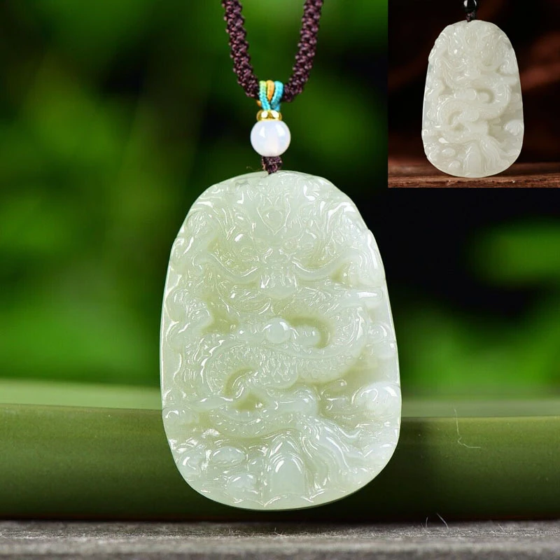 Green and white jade Hetian jade dragon pendant, zodiac dragon jade pendant, lake green dragon, white jade dragon, men's and wom