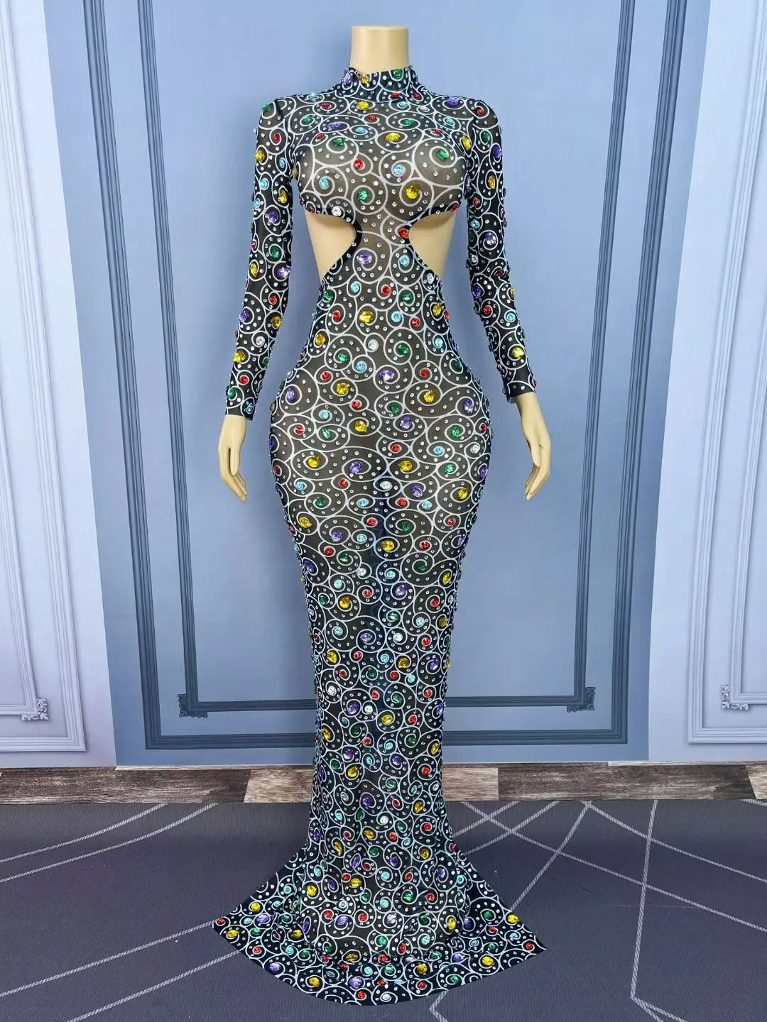 럭셔리 컬러풀 크리스탈 이브닝 가운 우아하고 화려한 여성 갈라 프롬 레드 카펫 로우 백 시어 메쉬 롱 드레스 맨한취안시