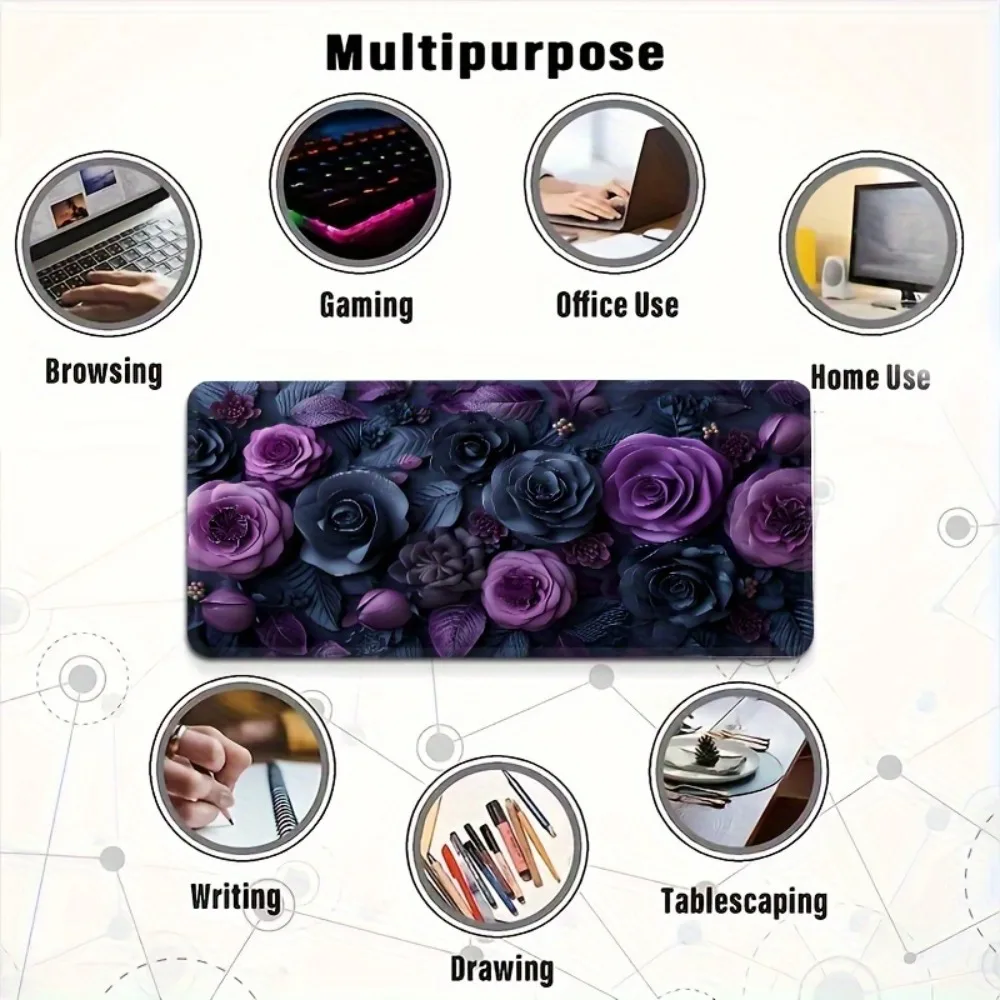 Black and purple floral high-definition mouse pad, made of non-slip and durable rubber material, suitable for office and home