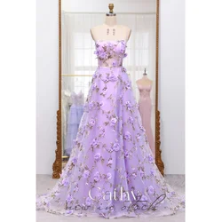 Cathy Lavender 3D Flowers Appliques Prom Dresses Strapless Tulle فساتين السهرة Elegant Sleeveless Backless vestidos verano moda