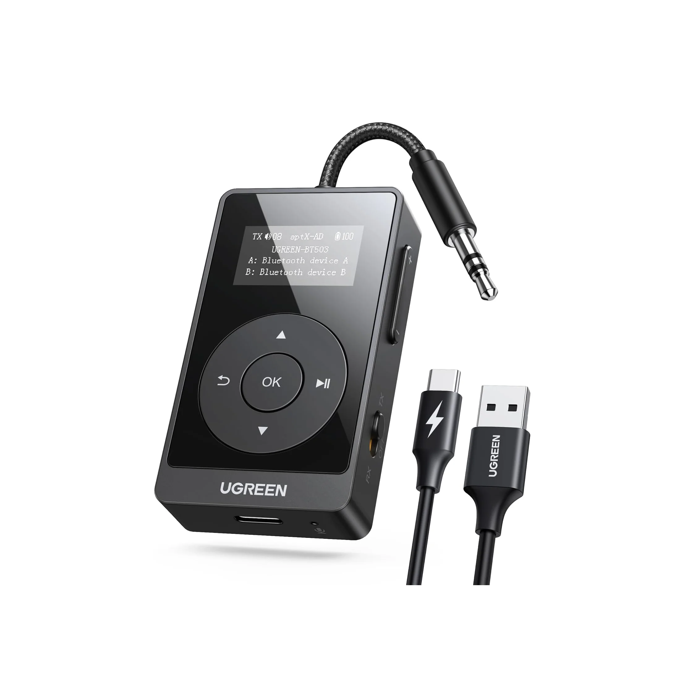 

UGREEN Airplane Bluetooth 5.3 Transmitter Receiver for 2 , AptX Adaptive/HD Audio 3.5m Aux Bluetooth Adapter