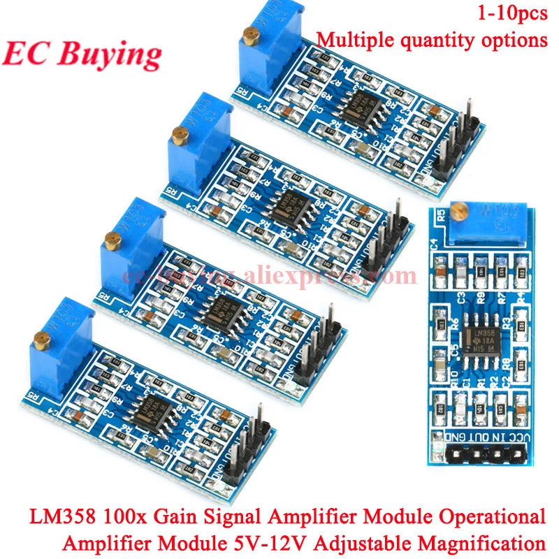 1-10Pcs LM358 100x 100 Times Gain Signal Amplification Amplifier Board Operational Amp Module 5V-12V Adjustable Magnification