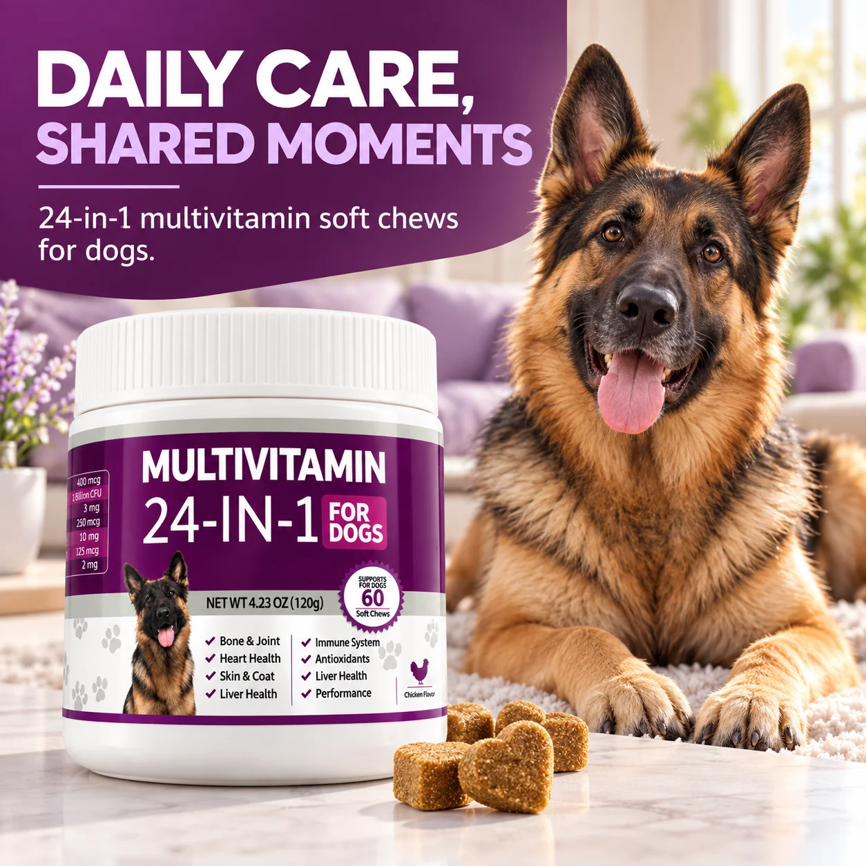24 in 1 Dog Multivitamin Soft Chews 60 Count Chicken Flavor Daily Nutrition Supplement for Skin Coat Joint Support Pet Care 120g