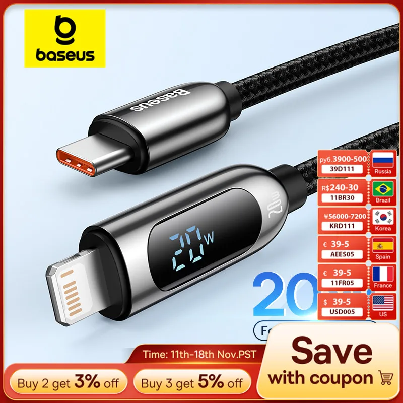 Baseus Digital Display 20W PD USB C Cable for iPhone 14 13 12 Pro Max XR Fast Charging Cable Mobile Phone Data Cord