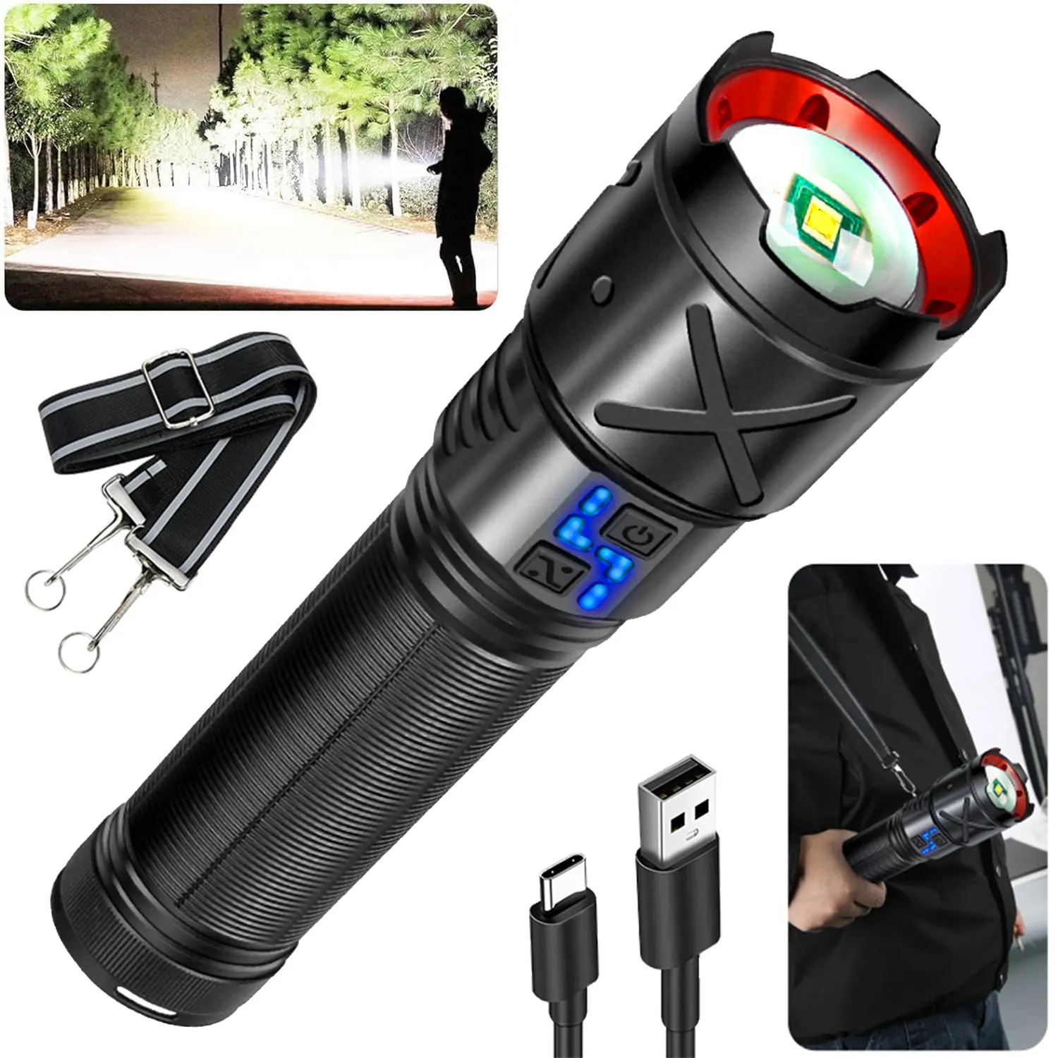 

Portable Search Lights 16000mAh Rechargeable LED Torch Zoomable IPX6 Waterproof FlashlightsPower Bank Function 5 Lighting Modes