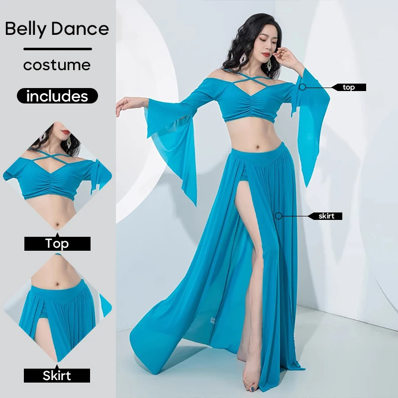 2 Pcs Set Top and Skirt Belly Dance Practice Clothes Outfit Wear For Adult Women Stage Performance Personal Performing Suit