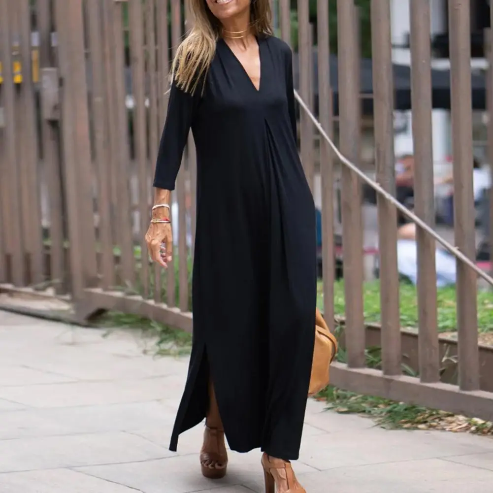 Split Hem Dress Soft Knitted V Neck Maxi Dress with Pleated Sleeves Side Split Hem Breathable Ankle Length Solid Color Casual