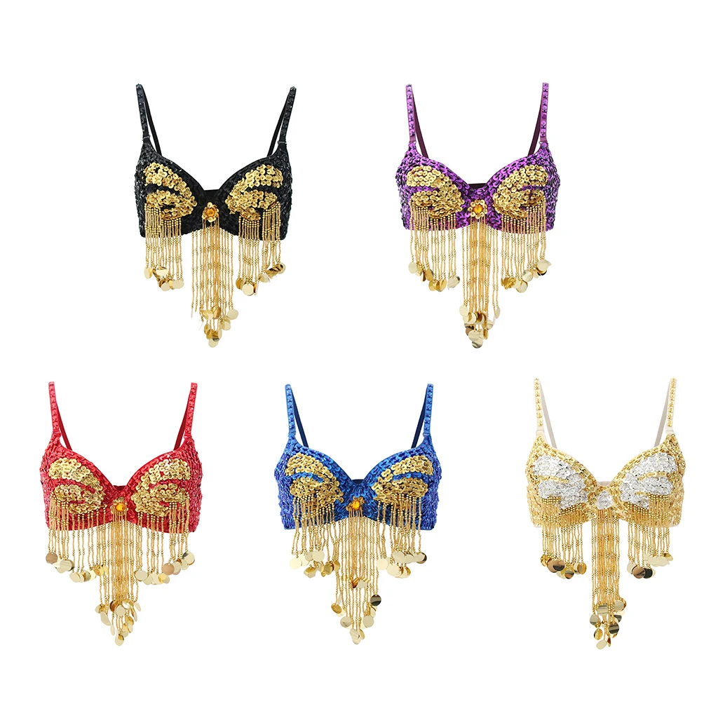 Women’s Belly Dance Sequin Tassel Bra Clubwear Beaded Fringe Top for Music Festival and Rave Outfit