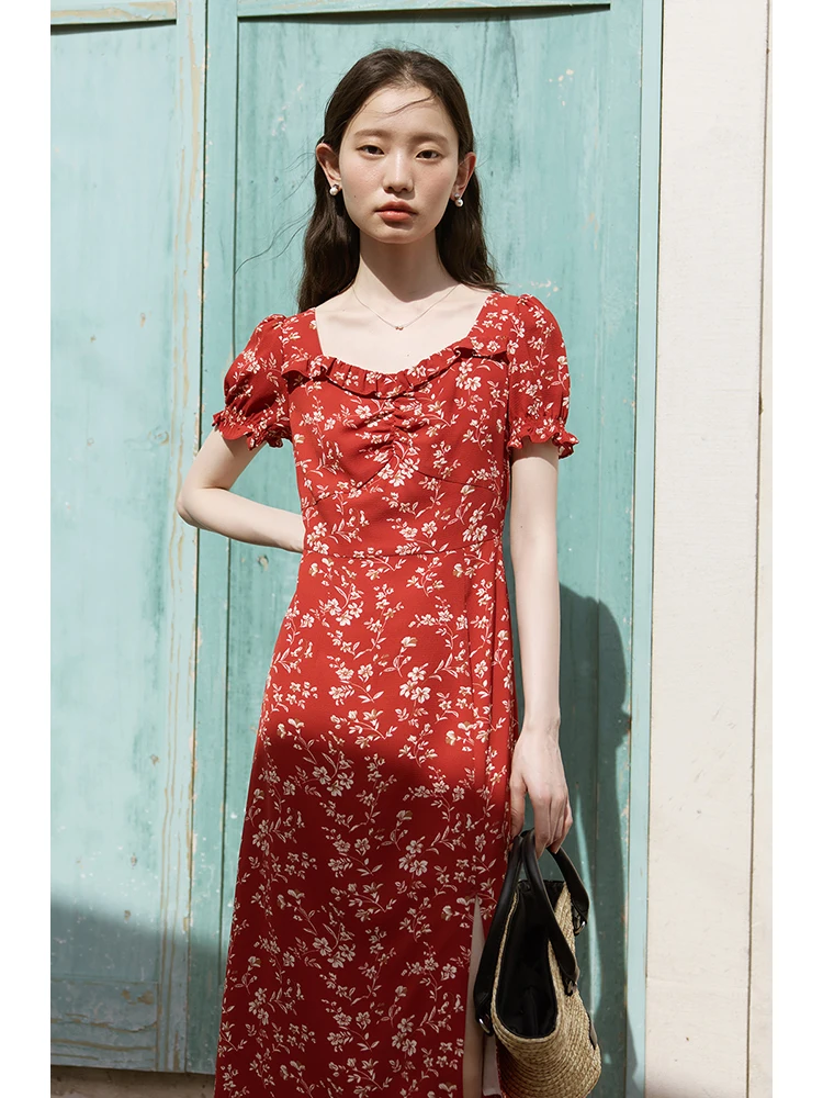 ZIQIAO Red Floral French Style Women Long Dress 2024 Summer Romantic New Design Versatile Casual A-Line Female Dress 24ZQ92343