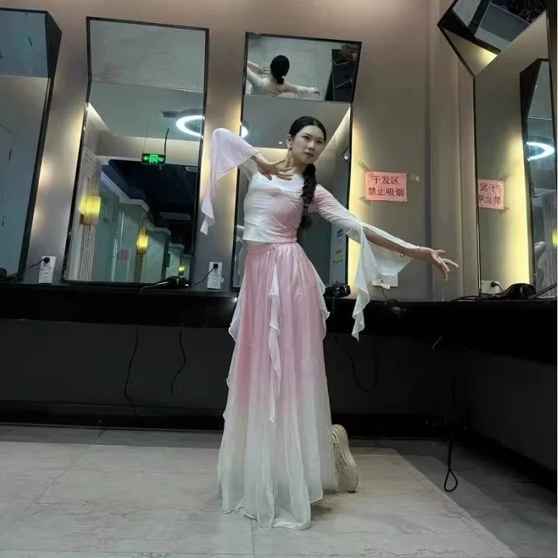 

Classical Dance Costume Gradient Elegant Mesh Practice Suit Petal Skirt Pants Chinese Ethnic Dance Performance Suit Set