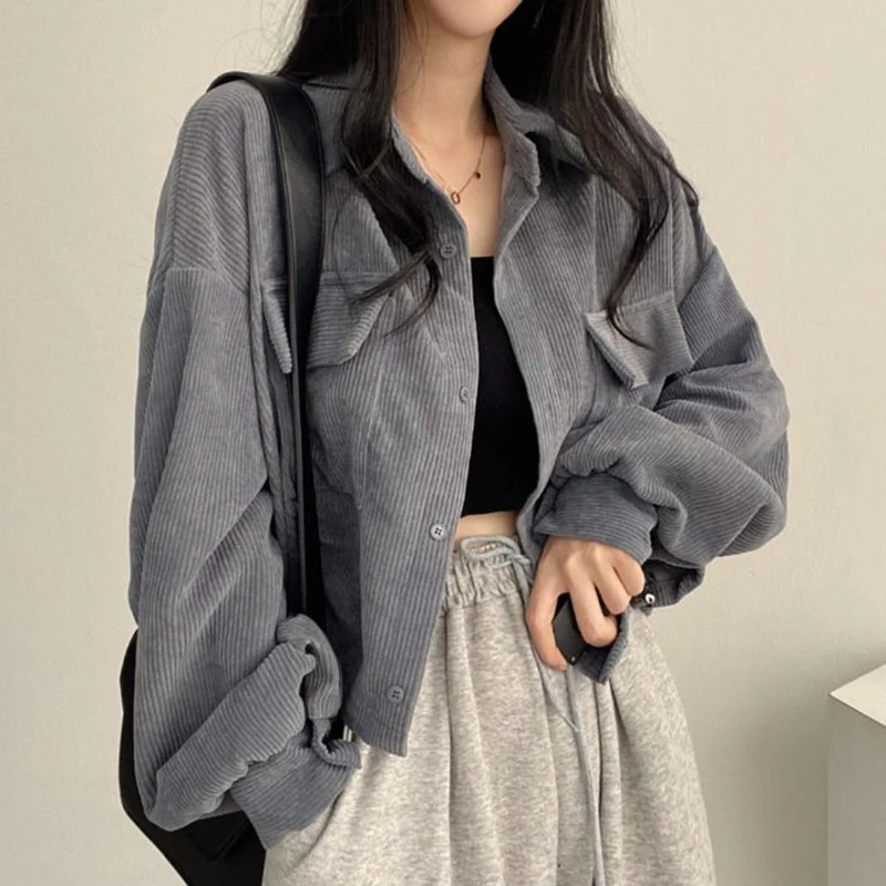 Corduroy Jackets Women Vintage Korean Style Fall Solid Coats Single Breasted Button Up Female Long Sleeve Loose Streetwear