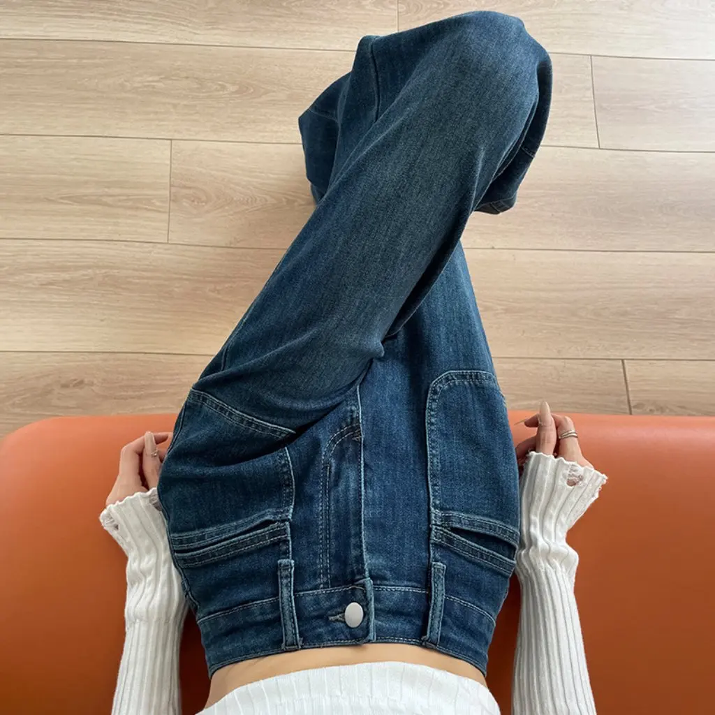 

Винтажные синие широкие джинсы с высокой талией, свободные расклешенные брюки грушевидной формы на флисовой подкладке для женщин, осень-зима, новый стиль