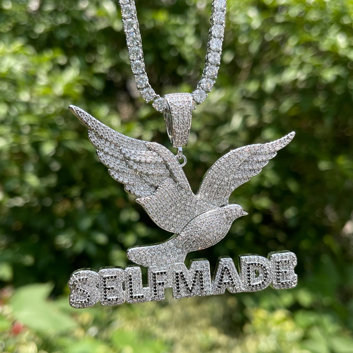 Bubble Letter Self Made Peace Dove Necklace for Men Iced Out Prong Setting Pendant Cubic Zirconia Hip Hop Jewelry
