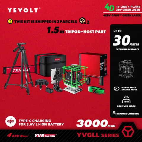 YEVOLT YVGLL4XS16 시리즈 녹색 레이저 레벨 4면 16라인 셀프 레벨링 360 3D 수평 및 수직 전력 측정 도구
