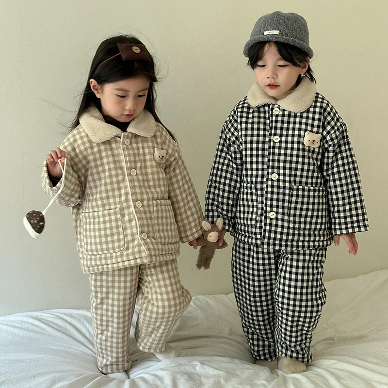 18M-8Y Children Sleepwear Boys Home Clothes Set Winter Thick Girls Warm Baby Plush 3 Layer Cotton Jacket