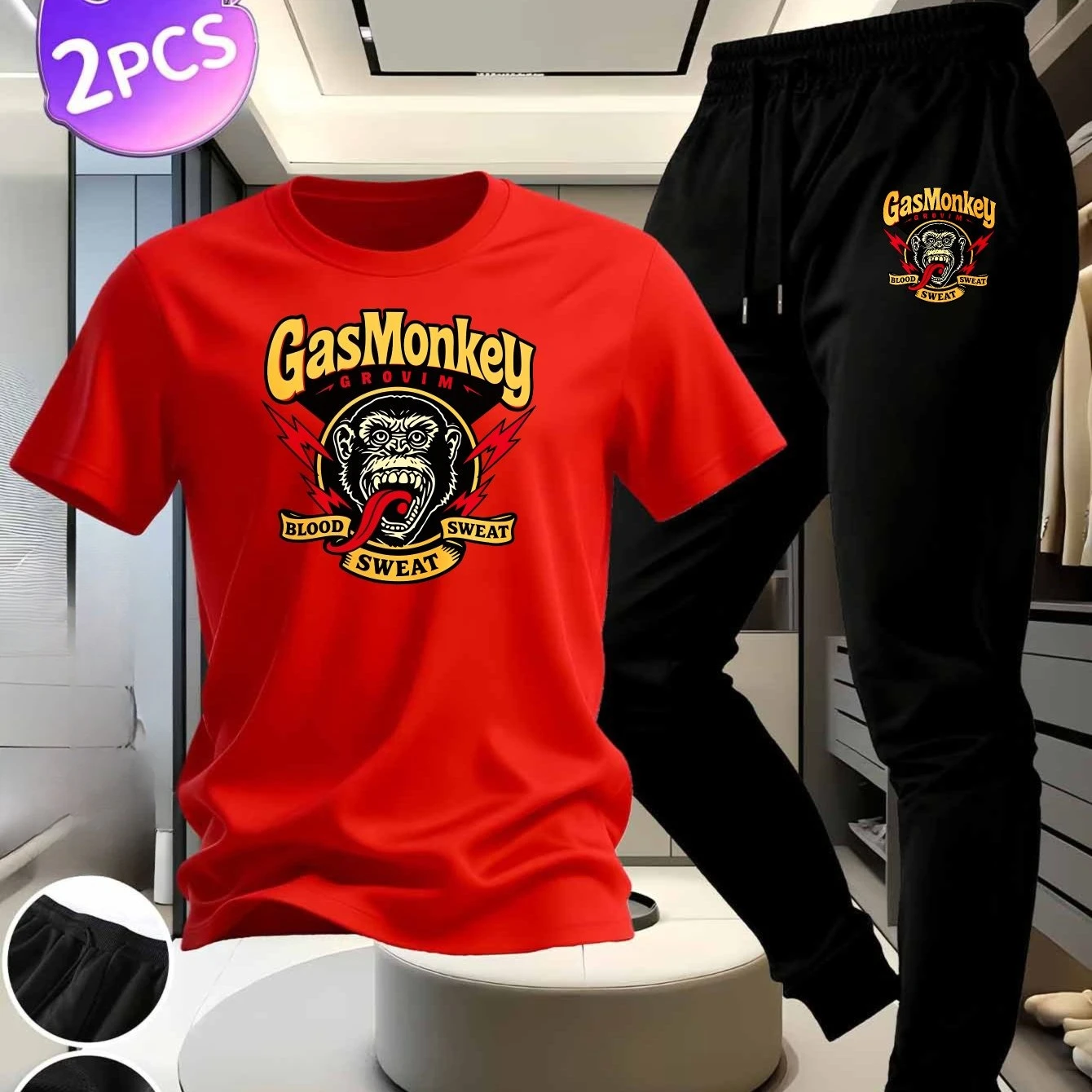 

2026 new Men's cotton short-sleeved t-shirt and sports pants set - white and black with the Gasmonkey logo and monkey pattern