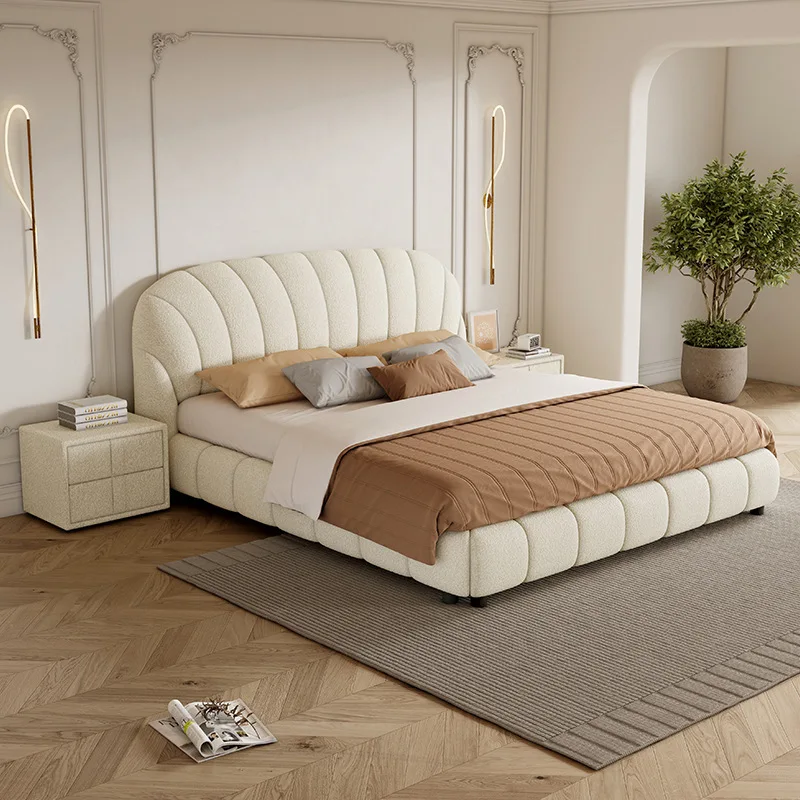 

*Nordic-Style Cream Shell Petal Fabric Large Double Bed Lamb Velvet Up-Holstered Popular Princess Style for Master Bedroom Bed