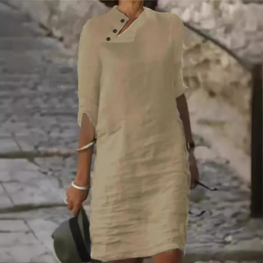 

Женское весенне-летнее платье на пуговицах с круглым вырезом и короткими рукавами, однотонное повседневное модное элегантное сексуальное удобное обычное платье для женщин